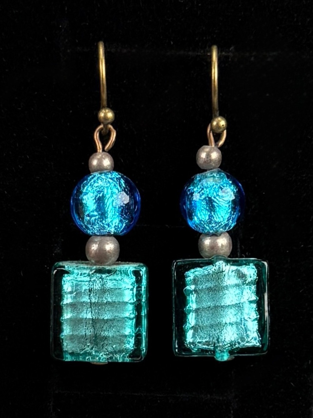 Vintage weighted Silvertone Blue Glass pierced Earrings